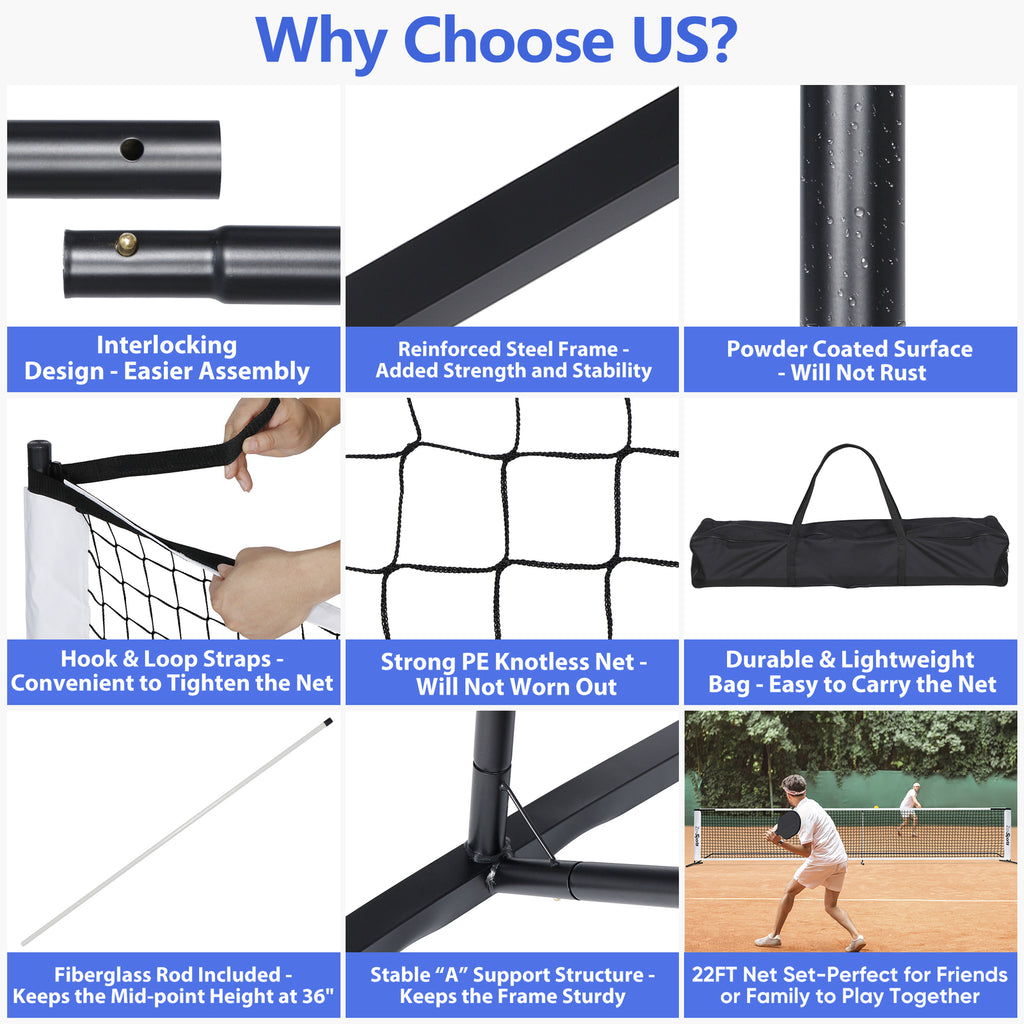 Portable Pickleball Game Tennis Net Powder Coated Frame Yard W/ Carry Bag&Stakes