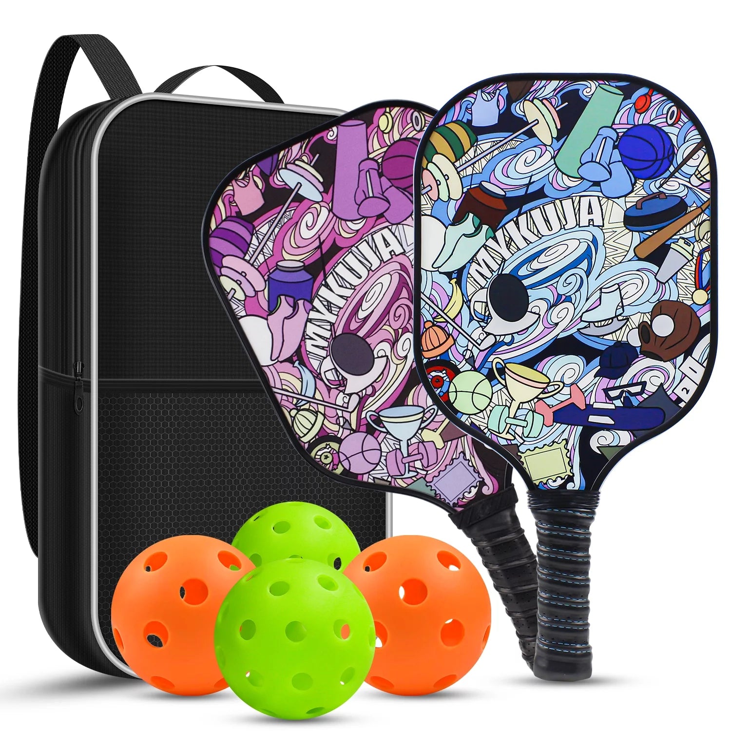 Pickleball Paddles Set of 2 Paddles,4 Pickleball Balls, Lightweight Fiberglass Surface&Honeycomb Core Pickleball Set Gifts for Men Women