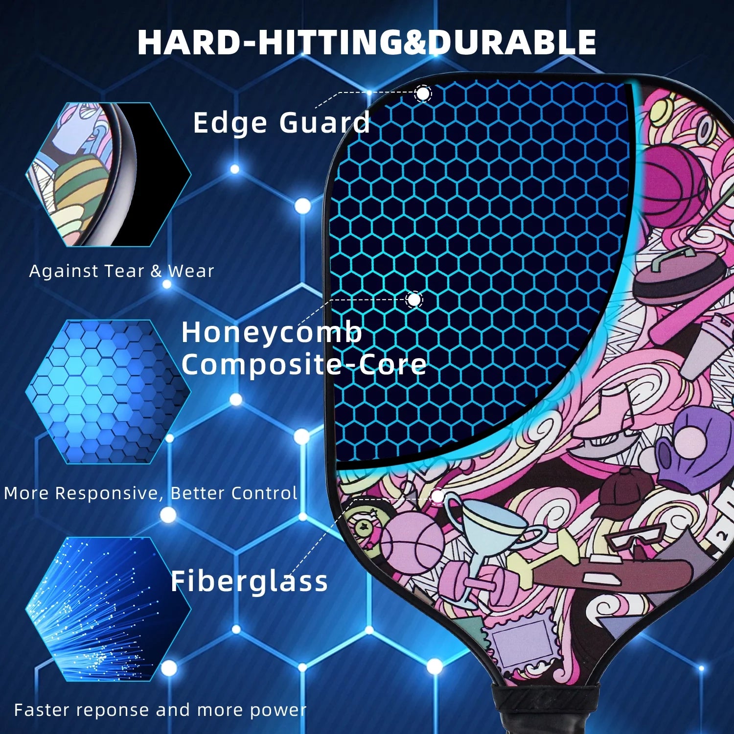 Pickleball Paddles Set of 2 Paddles,4 Pickleball Balls, Lightweight Fiberglass Surface&Honeycomb Core Pickleball Set Gifts for Men Women